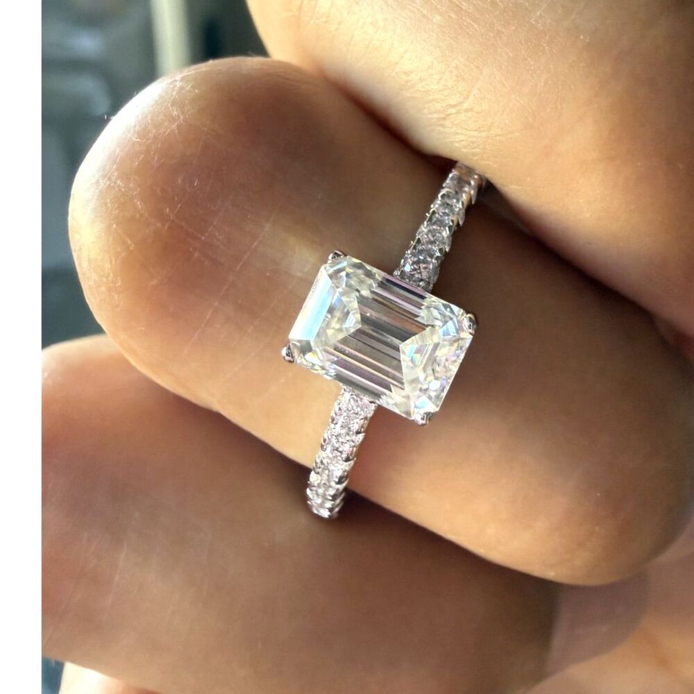 1 CT Emerald Cut Moissanite Ring Size 9 – Rhodium Plated – GRA Certificate